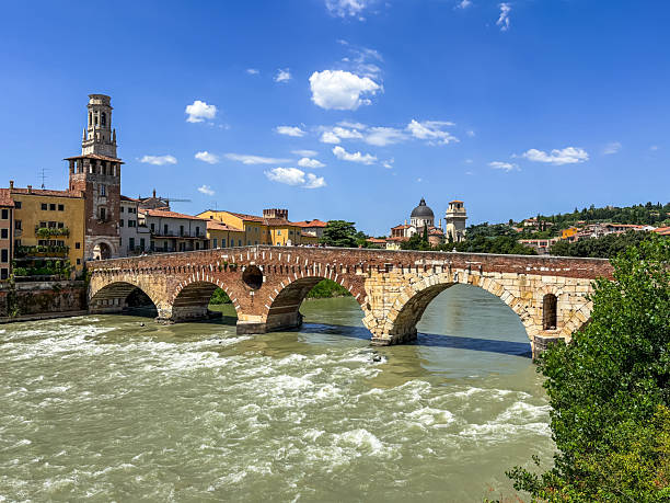 View of the Pietra Bridge (Italian: Ponte Pietra) in the old town. In Verona, Italy