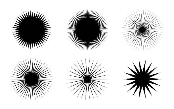 A minimalist collection of abstract black sunburst and starburst shapes featuring circular centers with sharp and fine radial spikes, arranged neatly on a white background. This high-contrast geometric shape set is ideal for logos, badges, icons, labels, posters, stickers, branding elements, and modern graphic design layouts, offering versatility and strong visual impact.