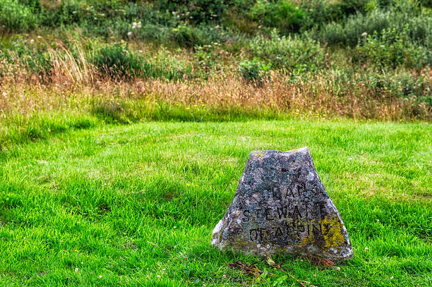 A close-up shot of Culloden battlefield memorial stone in Scotland, UK