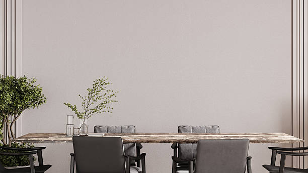 istock Empty plastered wall mockup in dining room with table and chair, 3d rendering 2252563155