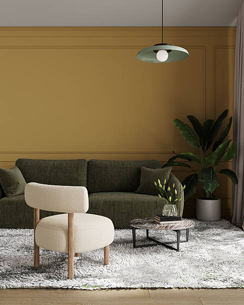 istock Modern living room interior with yellow wall mockup and green sofa, 3d rendering 2252563940
