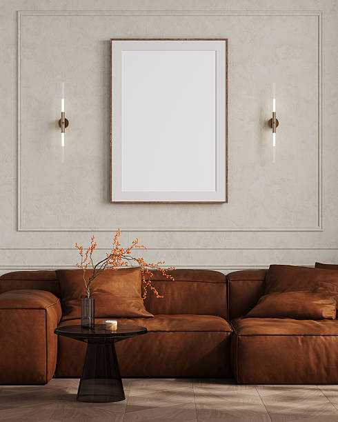 istock Big frame poster mockup in classic interior, living room with couch, 3d rendering 2252563951