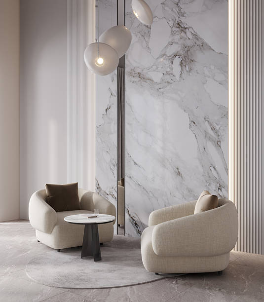 istock Elegance hall interior with armchair, lamp and marble panel, 3d rendering 2252563966