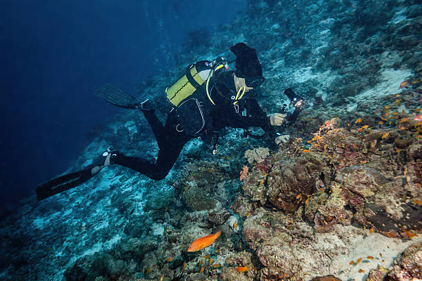 Scuba diver wearing full diving gear and holding an underwater camera with a light, swimming along a vibrant coral reef teeming with colorful fish in the clear blue waters of the Maldives