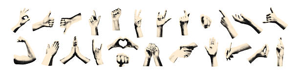 Cut out hand emoji gestures set. Various halftone hands signs vintage dotted stickers. Modern retro vector illustration for mixed media design, collage and scrapbook isolated on transparent background