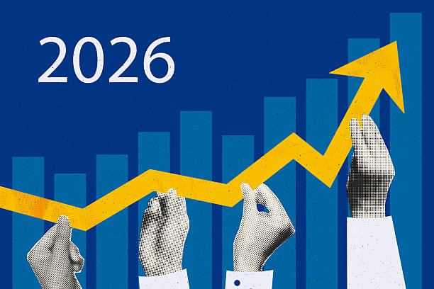 Business growth in 2026 concept art collage banner template for teamwork, increase, success, partnership concept. Cut out halftone hands holding rising arrow chart. Modern retro vector illustration