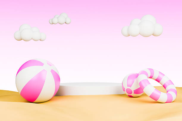 Beach podium with beach ball and lifebuoy 3D