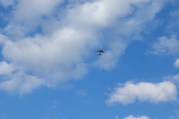 istock Commercial Airplane Flying Overhead in Blue Sky with Scattered Clouds 2252567929