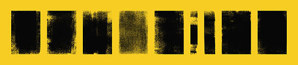 Set of grunge rolled ink stamp textures handmade with brayer. Letterpress vintage rough rectangle vertical backgrounds. Linocut relief printing shapes vector illustration isolated on yellow background