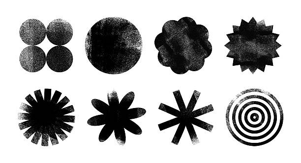 Set of grunge postage stamp geometric shapes with ink roller texture, circle, flower, star. Letterpress vintage figures. Linocut relief printing vector illustration isolated on transparent background