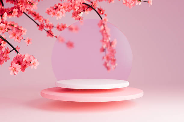 istock Pink podium with sakura branch and gift box 3D. 2252569394