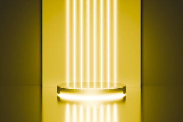 istock Golden 3D podium with bright vertical light beams. 2252570608
