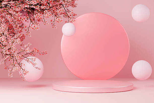 istock Circle pink podium with floating sakura petals. 2252572779