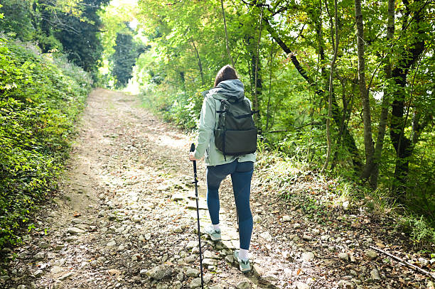 istock Woman hiking forest trail with walking pole backpack 2252577370
