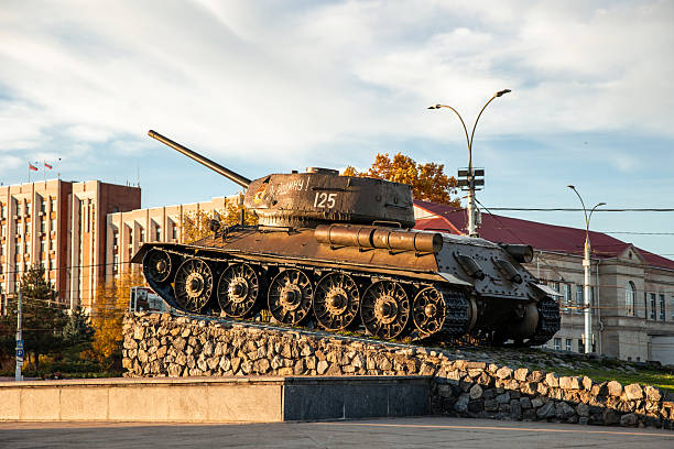 November 12, 2025, Moldova. T-34 tank war memorial standing on a stone pedestal in Tiraspol, Transnistria, representing history, military conflict, Soviet heritage, and tourism in the region
