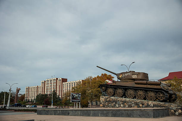 November 12, 2025, Moldova. T-34 tank monument serving as a war memorial in the capital city of Tiraspol, Transnistria, reflecting the region's Soviet-era history and attracting visitors