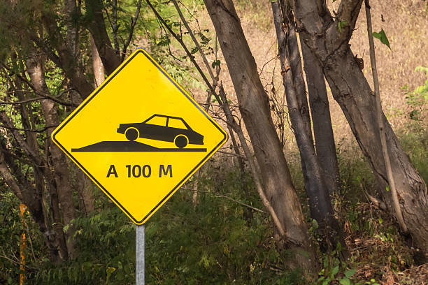 istock A diamond-shaped yellow caution sign depicts a car on a speed bump above A 100 M text, set against dense tropical forest foliage in Huatulco, Oaxaca, Mexico. 2252584931