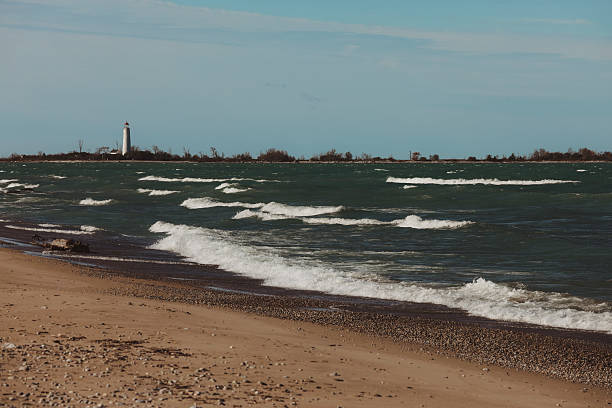 A scenic shot of an imperial lighthouse on a beach along Lake Huron in early November. Shot with a Canon 5D Mark IV.