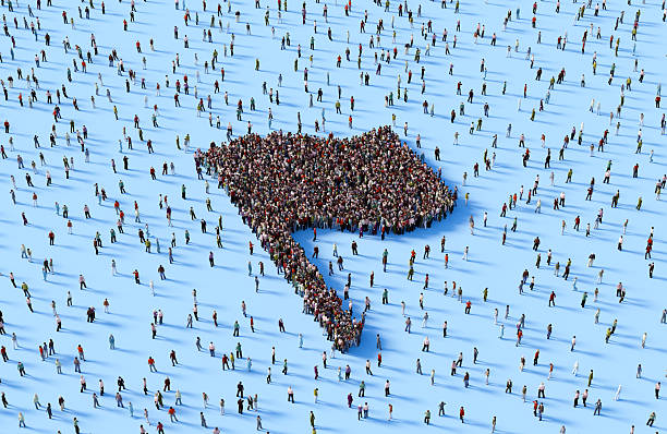 Human crowd forming flag symbol on blue background.