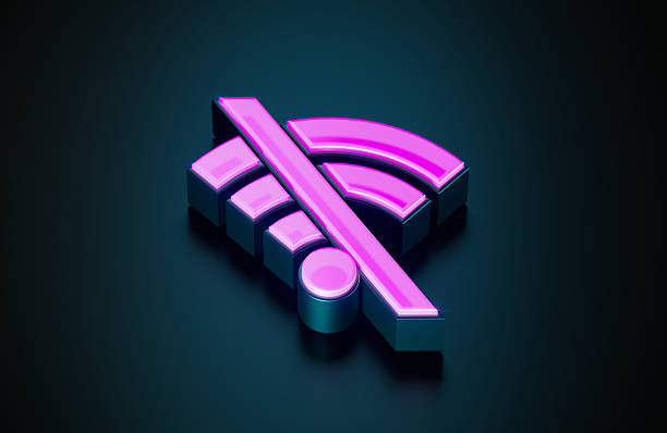 Pink glowing Wi-Fi symbol on dark blue background. Horizontal composition with copy space.