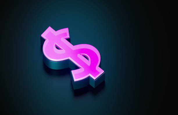 Pink glowing American dollar symbol on dark blue background. Horizontal composition with copy space.