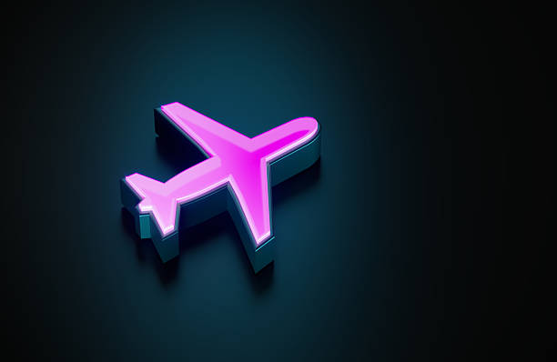 Pink glowing airplane symbol on dark blue background. Horizontal composition with copy space.
