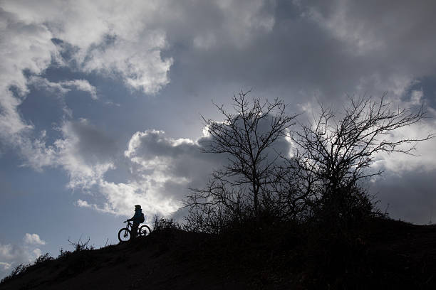 The main subject is a person riding a bicycle on a hillside, surrounded by trees. The setting is an outdoor scene with lush greenery and blue skies above. The environment appears to be peaceful and serene, providing a sense of tranquility. In terms of visual characteristics, the lighting suggests a bright daytime, with clouds scattered across the sky. Overall, the mood is calm and soothing, depicting a leisurely activity in nature.