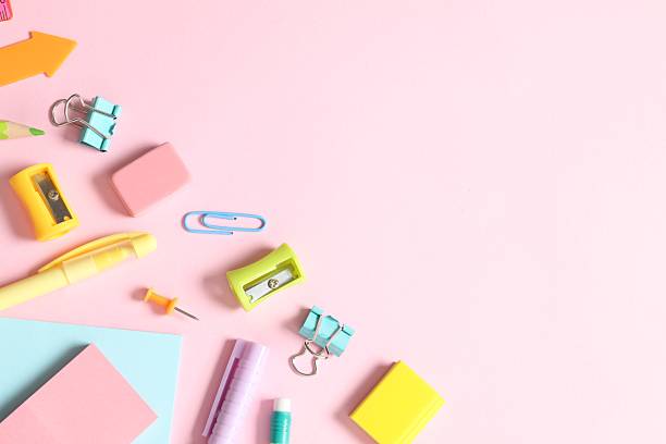 istock Flat lay with school stationery on color background, top view 2252594132