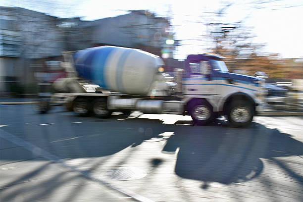 A cement truck in motion using a zoom blur effect. Location is Granville Island, Vancouver, British Columbia, Canada.