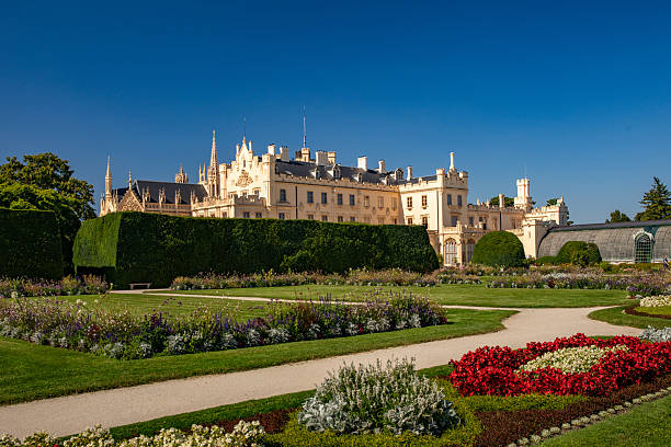 LEDNICE, CZECH REPUBLIC - SEPTEMBER 07, 2023: Lednice Chateau with beautiful gardens on sunny summer day. Lednice-Valtice Landscape, South Moravian region.