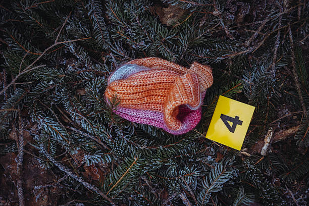Close-up of marked objects with forensic numbers: knitted multicolored hat.