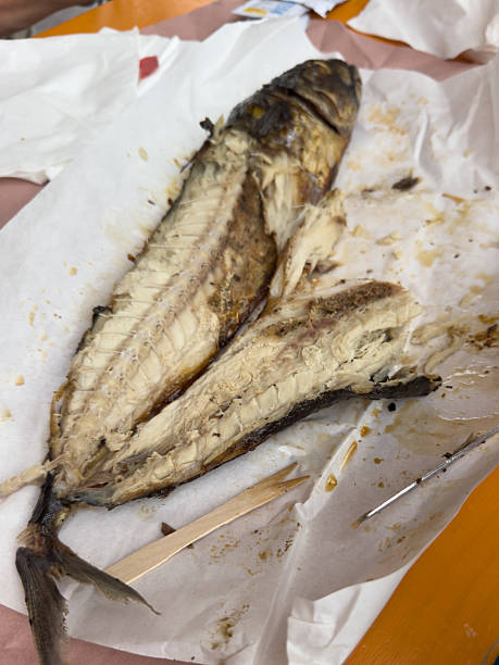 istock Grilled mackerel fillet with bones after eating meal 2252612397