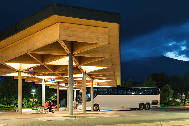 Public bus station in Whistler, BC, Canada at night.