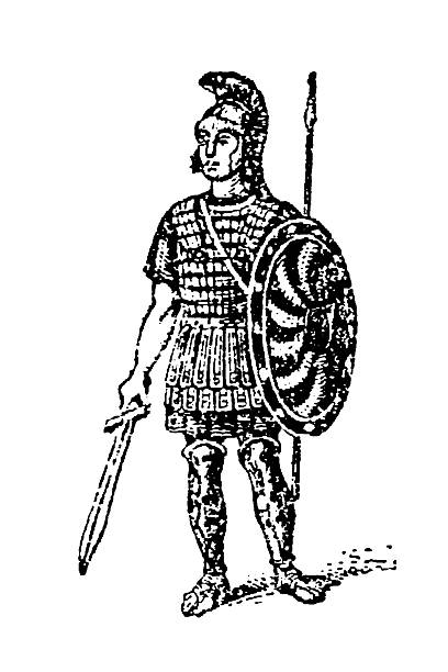 Greek hoplite in full panoply with shield, armor, sword and spear, showing classical infantry equipment and phalanx warfare representation, old vintage illustration, 1897