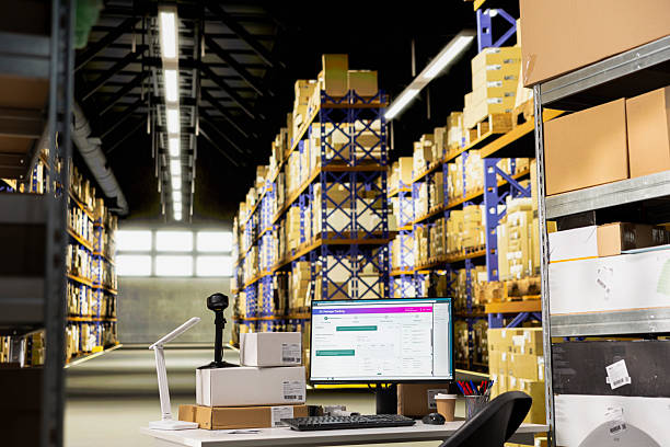 istock Empty fulfillment center with industrial shelving and storage racks 2252619789