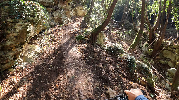 istock POV on electric mountain bike through forest 2252619936