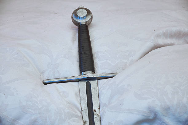 Close view of a sharp medieval sword hilt used for historical battle reenactments