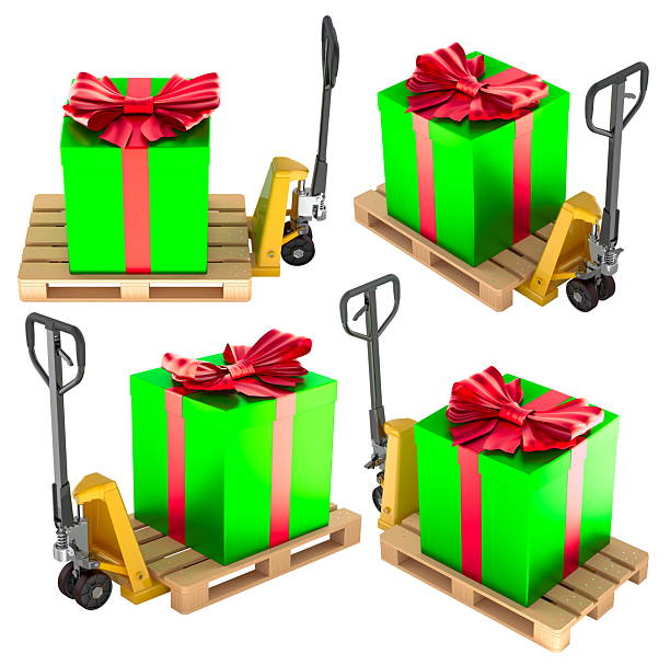 A drone captures a overhead shot of a female warehouse worker skillfully operating a manual forklift to transport goods within a spacious warehouse. Dressed in safety gear, and protective footwear, she carefully maneuvers the forklift through the organized aisles, lifting boxes of inventory