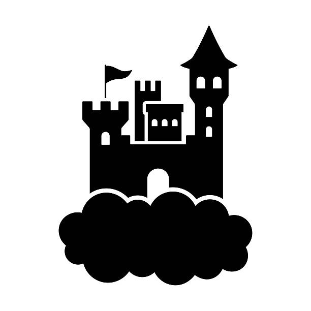 Castle on a cloud icon. Black silhouette. Front and side view. Vector simple flat graphic illustration. Isolated object on a white background.