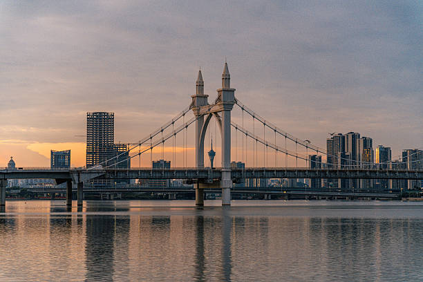 Riverside city buildings and a European-style cable-stayed bridge