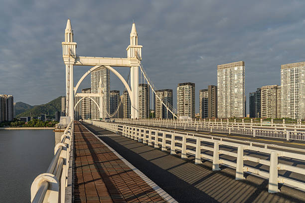 Riverside city buildings and a European-style cable-stayed bridge
