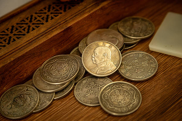 Coin of South Africa in reverse of a coin with deer form on the wooden floor, 1 Rand South Africa money the concept of finance.