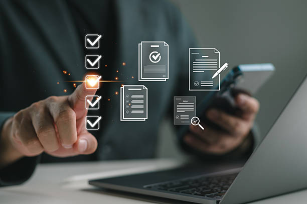 istock Checklist and filling survey form online. Document management system, DMS. Assessment form, questionnaire, checklist and clipboard task management. Quality control and accuracy Check completeness. 2252641115