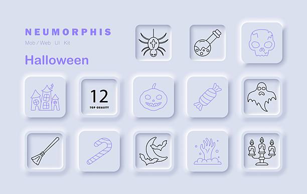 istock Halloween set icon. Includes ghost, skull, bat, candy, castle, zombie hand, broomstick, moon, candles, spider, potion, pumpkin in spooky neumorphic visuals 2252643641