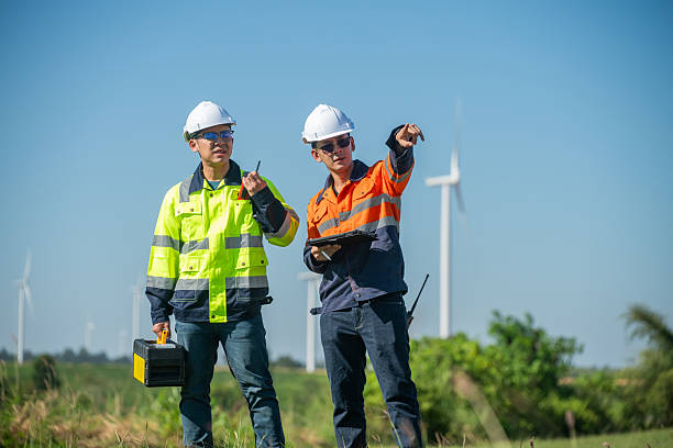 istock Engineers wearing safety helmets and vests inspect digital tablet and communicate walkie-talkie wind farm site  wind turbines representing renewable energy and sustainable power generation. 2252645022