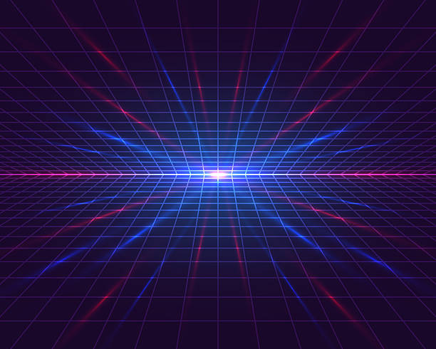 istock Retro Futuristic Synthwave Style Abstract Background with Glowing Neon Grid and Central Blue Magenta Horizon Light 2252657205