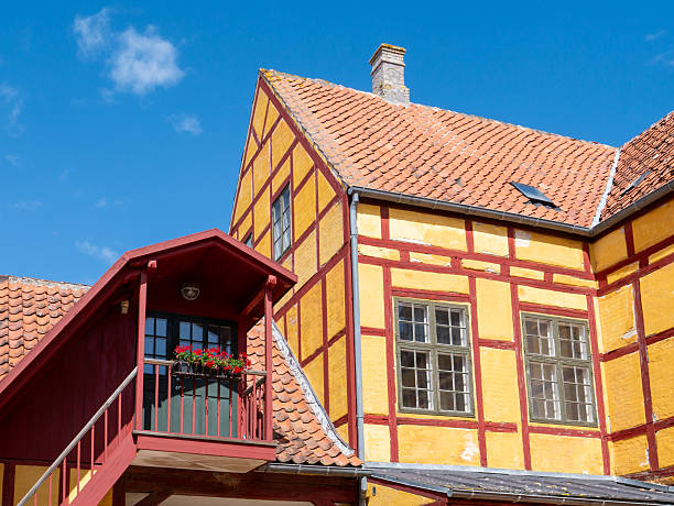 Andresens Koebmandsgaard historic merchant’s yard with timber-framed yellow buildings, Kerteminde, Funen, Southern Denmark