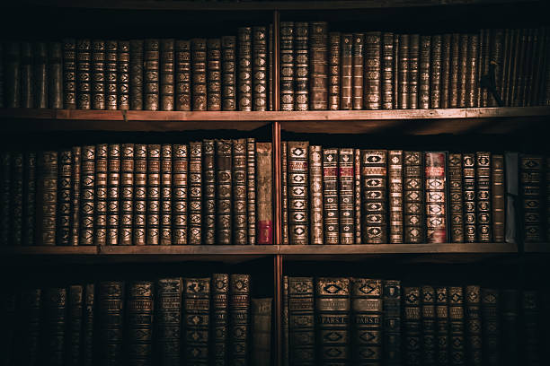 This image shows a bookshelf filled with rows of antique leather-bound books, arranged neatly across wooden shelves. Ornate spines, aged textures, and muted tones dominate the scene, while soft, low light enhances the sense of history, knowledge, and quiet intellectual atmosphere associated with a traditional library.