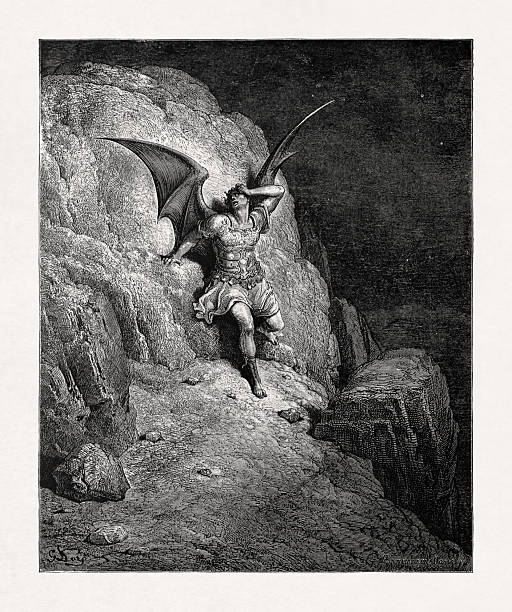 Black and white engraving by Gustave Doré depicting the fall of Satan, illustrating a scene from John Milton's epic poem Paradise Lost.