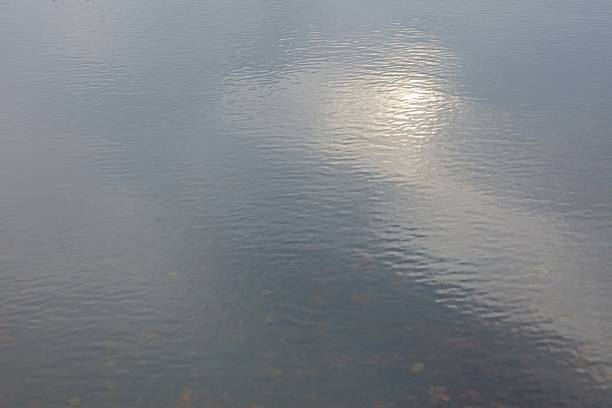 Reflection of sky with clouds and sun on lake surface in autumn, Meiko Nature Reserve, Finland.